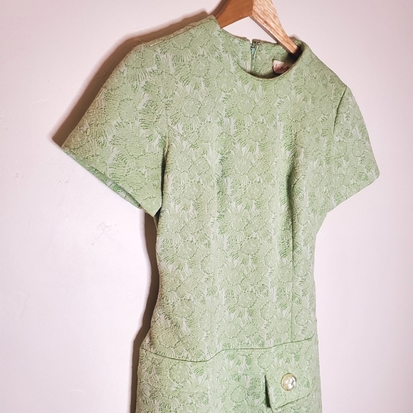 Mossy Mod Light Green Brocade Short-Sleeve Mini Dress with Pleats & Pocket - Picture 12 of 14